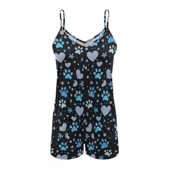 ZAITUBLES Women's Summer Casual Loose Rompers V Neck Sleeveless Shorts Jumpsuits 2026, Adjustable Spaghetti Straps with Front Pockets, Soft Beach Vacation Outfits, Blue Paw Heart Print, Size M