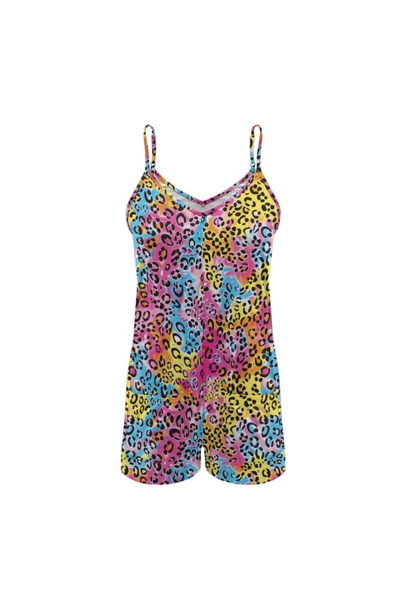 ZAITUBLES Womens Rompers Summer Casual Loose Sleeveless Outfit Adjustable Spaghetti Strap Shorts Jumpsuit, Lightweight with Front Pockets, Rainbow Leopard Print, Size M