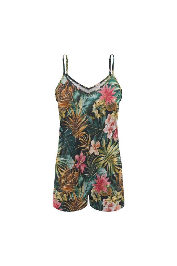 ZAITUBLES Womens Rompers Summer Casual Loose Sleeveless Outfit Adjustable Spaghetti Strap Shorts Jumpsuit, Lightweight with Front Pockets, Tropical Floral Leaf Print, Size 2XL