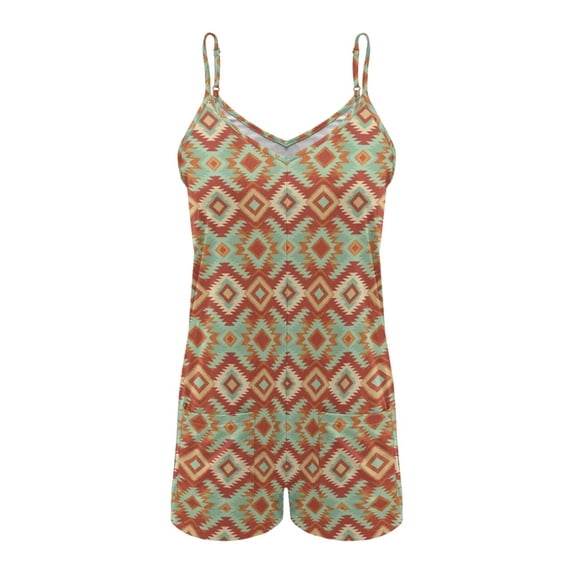 ZAITUBLES Womens Summer Casual Romper Sleeveless Short Jumpsuits Loose Adjustable Spaghetti Strap Outfit with Front Pockets, Soft Resort Lounge Wear, Aztec Tribal Print, Size S