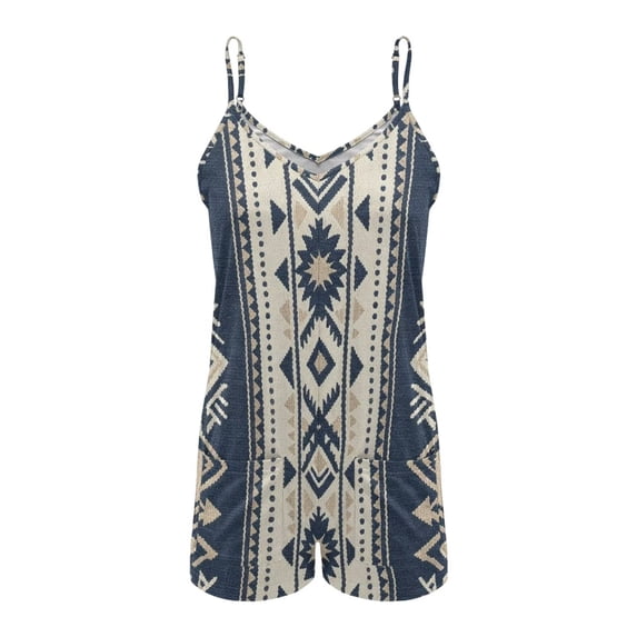 ZAITUBLES Womens Summer Casual Sleeveless Romper Loose Adjustable Spaghetti Strap Shorts Jumpsuits with Front Pockets, Casual Beach Vacation Outfits, Aztec Tribal Print, Size 2XL
