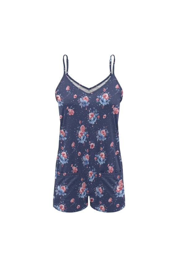 ZAITUBLES Womens Summer Casual Sleeveless Romper Loose Adjustable Spaghetti Strap Shorts Jumpsuits with Front Pockets, Casual Beach Vacation Outfits, Rose Navy Blue Print, Size XL