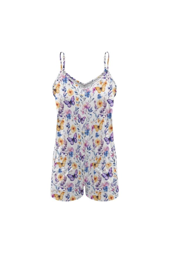 ZAITUBLES Womens Summer Casual Sleeveless Rompers 2026 Loose Shorts Outfit Adjustable Spaghetti Strap Jumpsuits with Front Pockets, Fabric, Butterfly Floral Print, Size XL