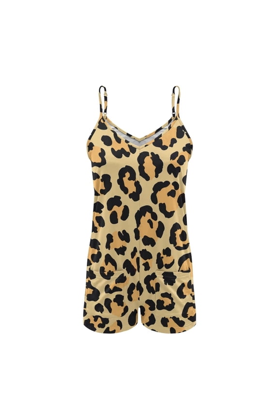 ZAITUBLES Womens Summer Rompers Beach Vacation Clothes Adjustable Spaghetti Strap Short Jumpsuits V Neck Design with Front Pockets, Beige Leopard Print, Size M