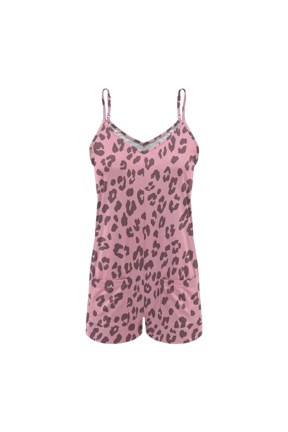 ZAITUBLES Womens Summer Rompers Beach Vacation Clothes Adjustable Spaghetti Strap Short Jumpsuits V Neck Design with Front Pockets, Dusty Pink Leopard Print Print, Size S