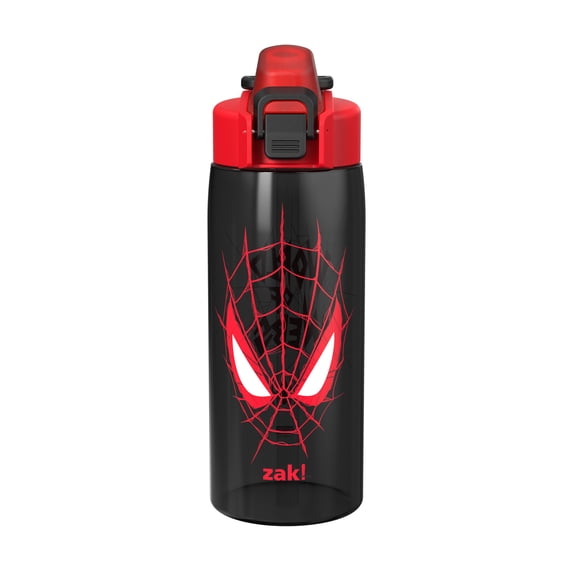 Zak Designs 25oz Durable Plastic Jubilation Water Bottle with Leak Proof Spout Cover, Straw, Push Button Lid, Flip Up Lock, and Built-in Carry Handle, Spiderman