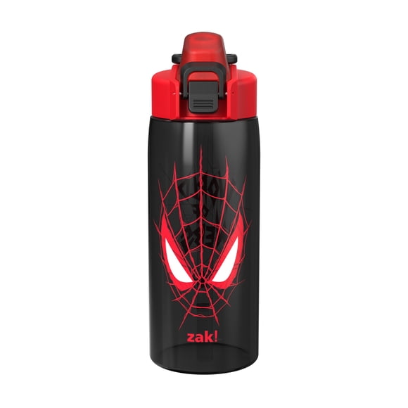 Zak Designs 25oz Durable Plastic Jubilation Water Bottle with Leak Proof Spout Cover, Straw, Push Button Lid, Flip Up Lock, and Built-in Carry Handle, Spiderman
