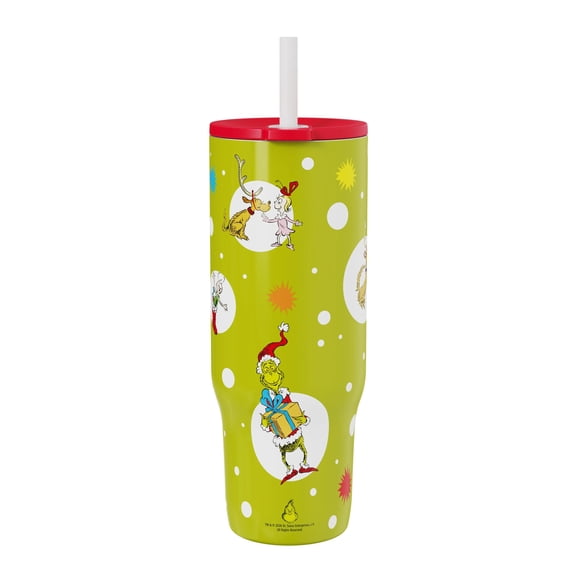 Zak Designs 30oz Double Wall Stainless Steel Tumbler, Straw Tumbler, Green Grinch