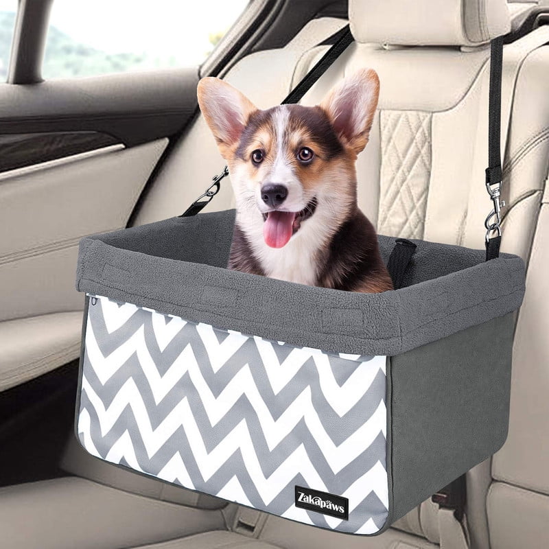 ZAKAPAWS Car Travel Dog Booster Seats, Portable and Breathable Pet Seats Dog Carrier with Seat Belt, Travel Safety Lookout Dog Booster Seat 16-in (Grey Stripe)