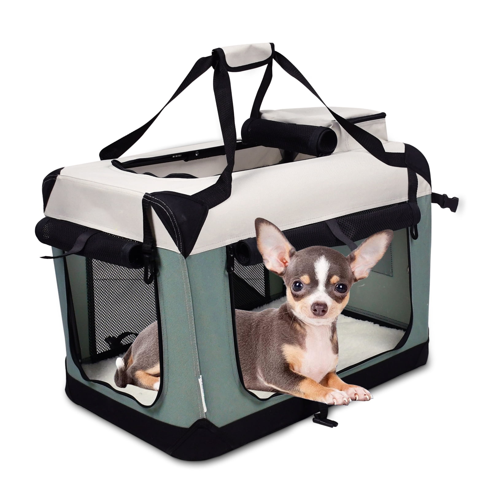 ZAKAPAWS Collapsible Soft Dog Crate, Portable 3 Door Dog Kennel, Travel Pet Crate Carrier for Indoor and Outdoor (Shale Green, 24" L x 16.5" W x 16.5" H)
