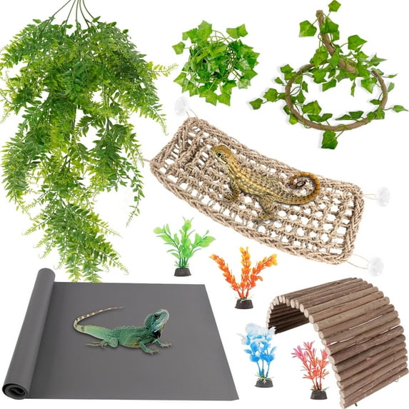 ZALALOVA Bearded Dragon Tank Accessories, Include Reptile Mat Hammock Plants Bridge Jungle Climber Vines Terrarium Decorations for Bearded Dragon Lizard Snake