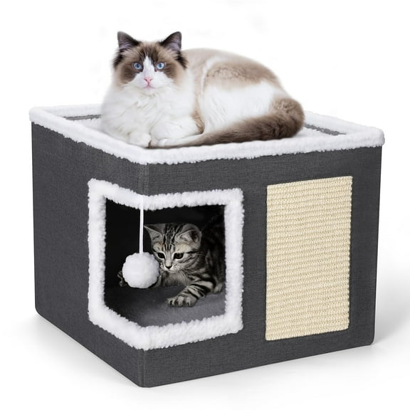 ZALALOVA Cat House for Indoor Cats Cube Bed, Covered Cat Cave & Furniture with Scratch Pad, Hideaway Den for Small Pet Large Kitten Kitty(Dark Gray)