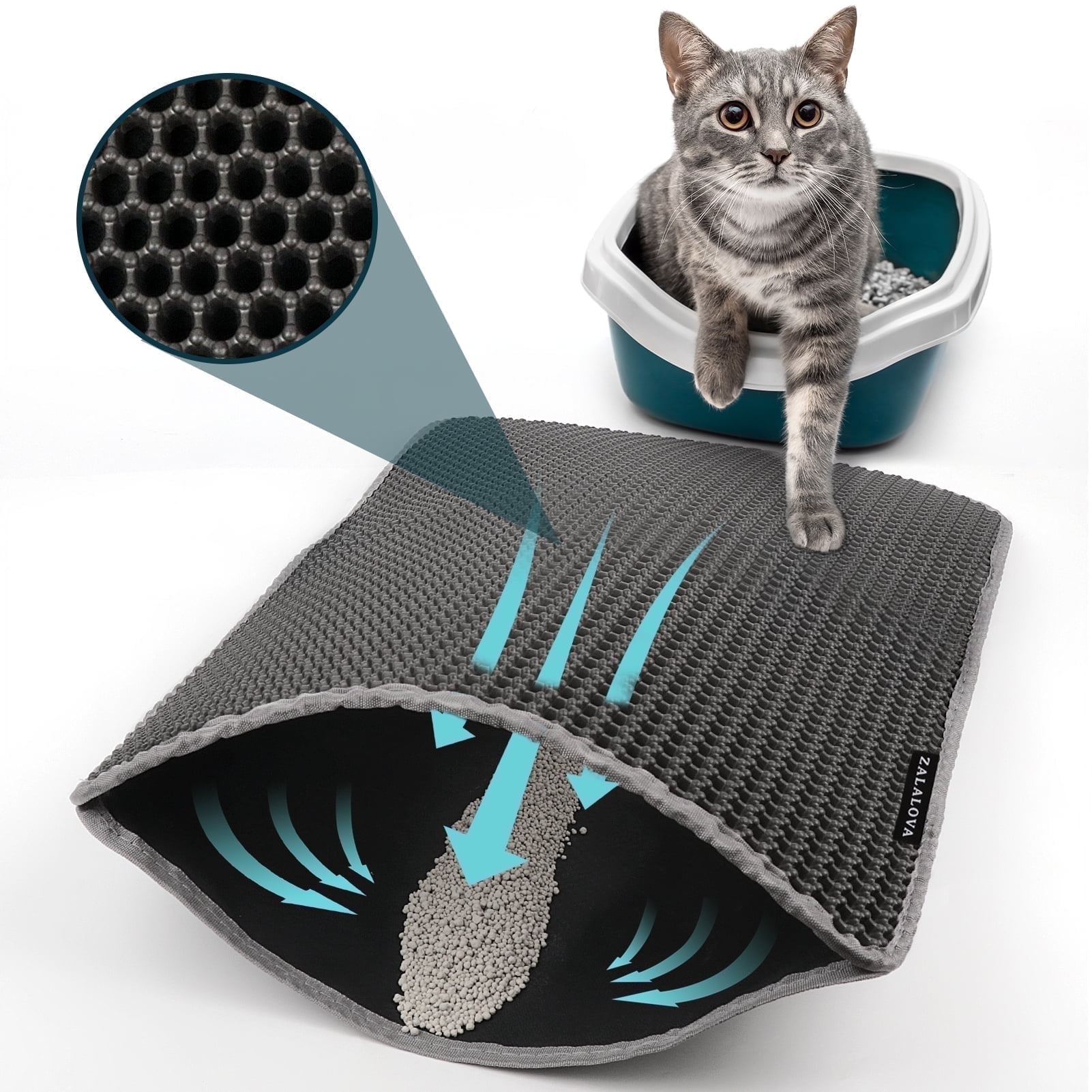 ZALALOVA Cat Litter Mat Kitty Litter Mat for Litter Box, 24 x 15 Inch Honeycomb Easy to Clean, Soft on Paws, Non-Slip, Waterproof Cat Mat (Black)