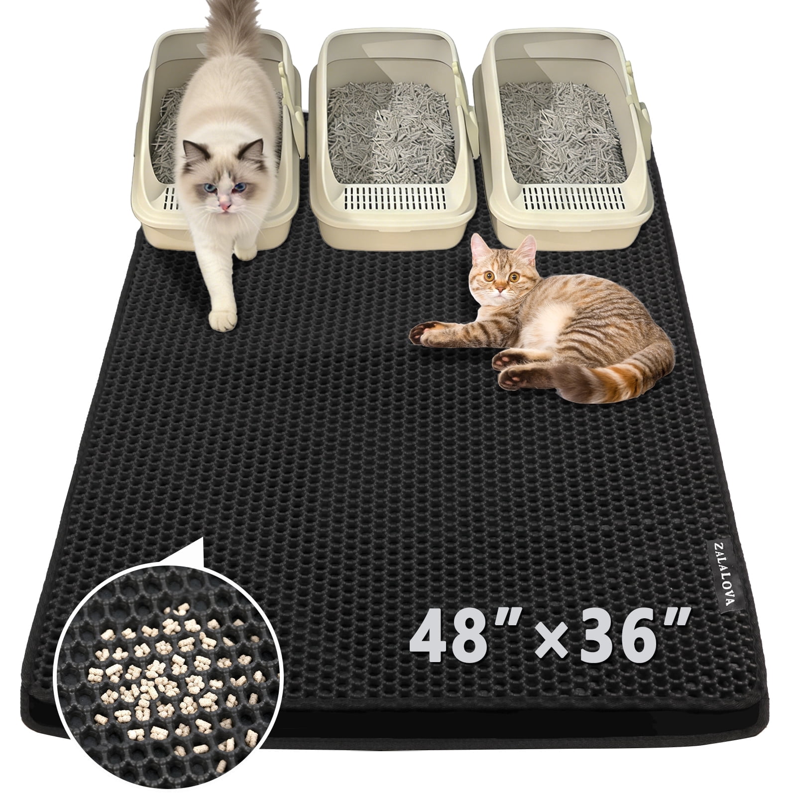 ZALALOVA Cat Litter Mat Extra Large XL 48" x 36" Trapping Mat for Cat Litter Box Matt for Floor-2 Layer Rug for Pet Kitty Box-Waterproof Urine Proof,Non-Slip (Black)