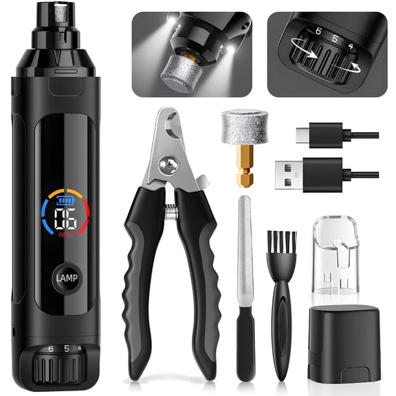 Rechargeable 6-Speed Electric Dog Nail Grinder with 2 LED Lights & Large Battery- Safe & Portable Pet Nail Grooming Tool for Cats and Dogs (White)
