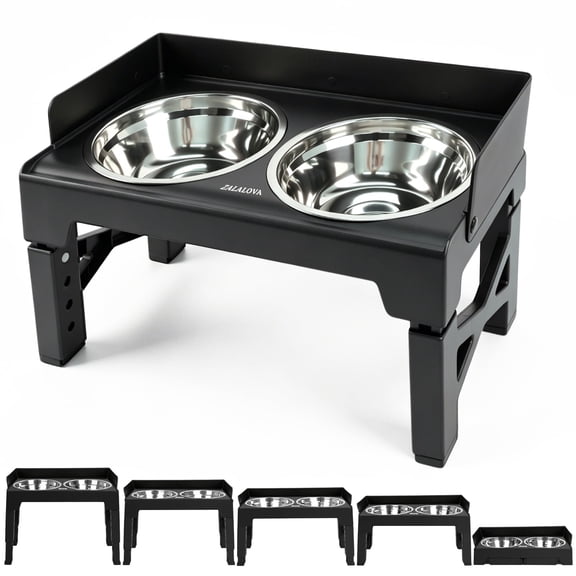 ZALALOVA Elevated Dog Bowls Stand with 2 Stainless Steel Dish,Raised Dog Bowl,High-Wall Splash Guard with 5 Heights (3.15", 8.9", 10",11.2", 12.4") for Medium Large Dogs (Black)