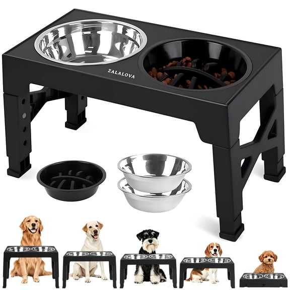 ZALALOVA Elevated Dog Bowls Stand with 2 Stainless Steel Dishes 1 Slow Feeder Dog Bowl, Raised Dog Bowl Adjusts to 5 Heights (3.15",8.9'',10",11.2'',12.4") for Medium and Large Dogs(Black)