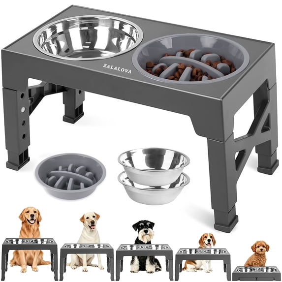 ZALALOVA Elevated Dog Bowls Stand with 2 Stainless Steel Dishes 1 Slow Feeder Dog Bowl, Raised Dog Bowl Adjusts to 5 Heights (3.15",8.9'',10",11.2'',12.4") for Medium and Large Dogs(Gray)