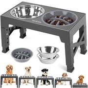 ZALALOVA Elevated Dog Bowls Stand with 2 Stainless Steel Dishes 1 Slow Feeder Dog Bowl, Raised Dog Bowl Adjusts to 5 Heights 3.15",8.9,10",11.2,12.4" for Medium and Large DogsGray