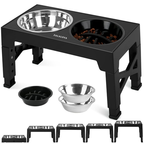 ZALALOVA Elevated Dog Bowls Stand with 2 Stainless Steel Dishes 1 Slow Feeder Dog Bowl, Raised Dog Bowl Adjusts to 5 Heights (3.15",8.9'',10",11.2'',12.4") for Medium and Large Dogs(Black)