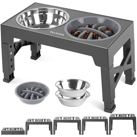ZALALOVA Elevated Dog Bowls Stand with 2 Stainless Steel Dishes 1 Slow Feeder Dog Bowl, Raised Dog Bowl Adjusts to 5 Heights (3.15",8.9'',10",11.2'',12.4") for Medium and Large Dogs(Gray)