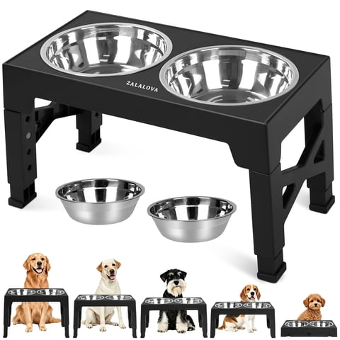 ZALALOVA Elevated Dog Bowls Stand with 2 Stainless Steel Dishes, Raised Dog Bowl Adjusts to 5 Heights (3.15", 8.9", 10",11.2", 12.4") for Medium and Large Dogs（Black）