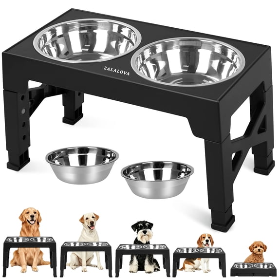 ZALALOVA Elevated Dog Bowls Stand with 2 Stainless Steel Dishes, Raised Dog Bowl Adjusts to 5 Heights (3.15", 8.9", 10",11.2", 12.4") for Medium and Large Dogs(Black)