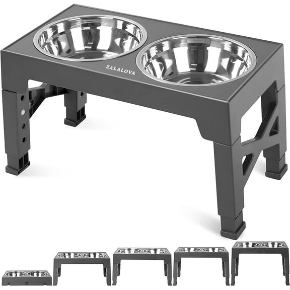 ZALALOVA Elevated Dog Bowls Stand with 2 Stainless Steel Dishes, Raised Dog Bowl Adjusts to 5 Heights (3.15", 8.9", 10",11.2", 12.4") for Medium and Large Dogs(Gray)