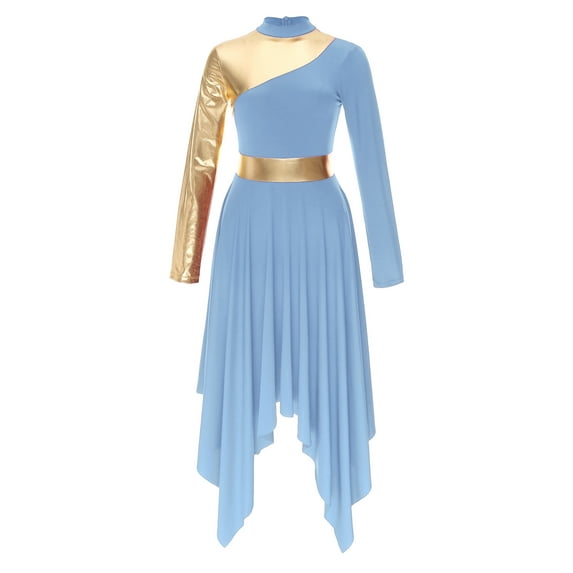 ZALDITA Women Praise Dance Dress Turtleneck Long Sleeve Worship Liturgical Lyrical Dancewear Light Blue XXL