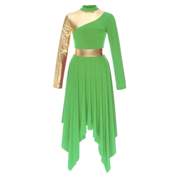 ZALDITA Women Praise Dance Dress Turtleneck Long Sleeve Worship Liturgical Lyrical Dancewear Light Green XL