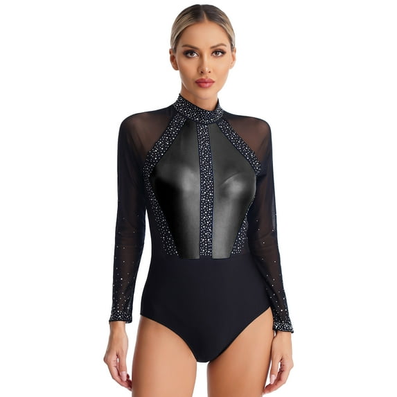 ZALDITA Women Rhinestones Gymnastics Leotard Long Sleeve Ballet Dance Bodysuit Stage Dancewear Costume Black L