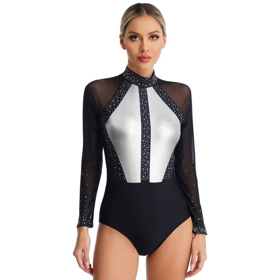 ZALDITA Women Rhinestones Gymnastics Leotard Long Sleeve Ballet Dance Bodysuit Stage Dancewear Costume Dark Gray M