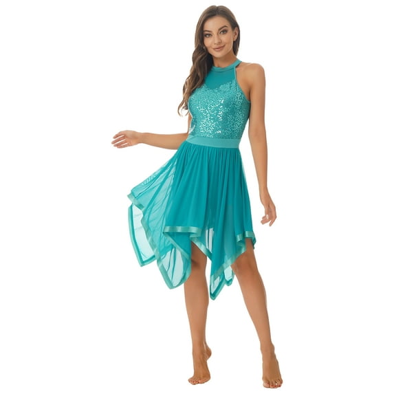 ZALDITA Women Sequin Lyrical Dance Dress Halter Backless Leotard Asymmetrical Hem Flowy Mesh Skirt Green M