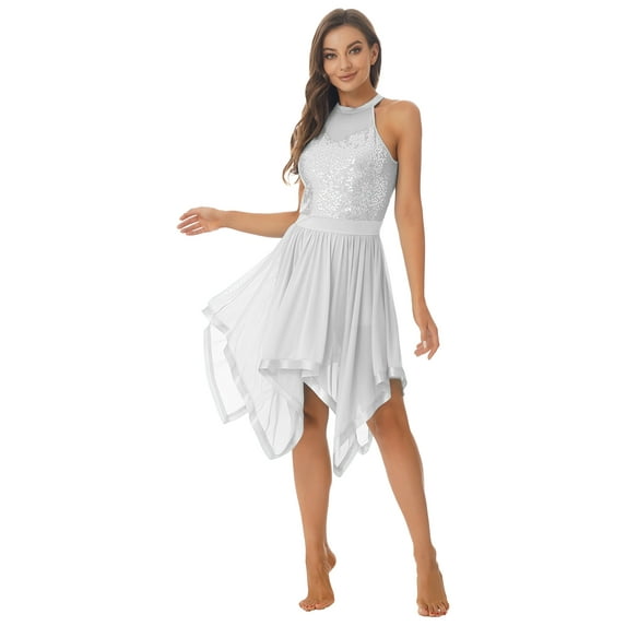 ZALDITA Women Sequin Lyrical Dance Dress Halter Backless Leotard Asymmetrical Hem Flowy Mesh Skirt White L