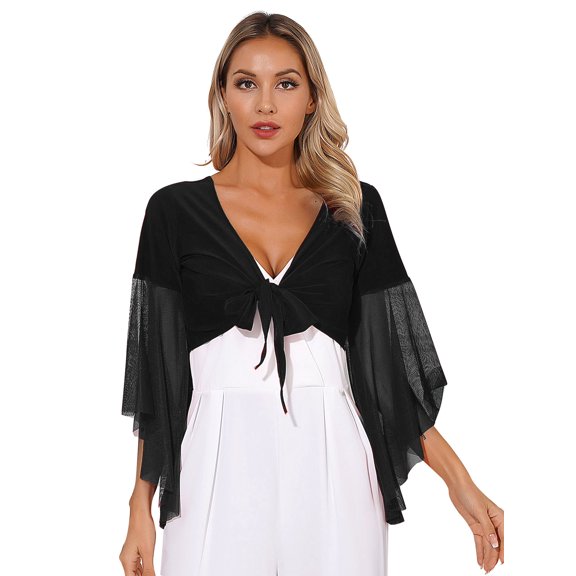 ZALDITA Women's 3/4 Tulle Flared Sleeve Wrap Tie Top Blouse Belly Dance Bolero Shrugs Cardigan Black One Size