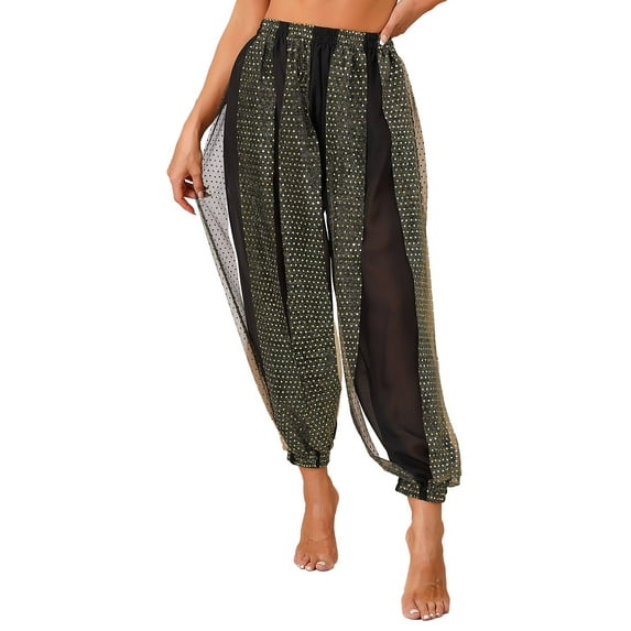 ZALDITA Women's Belly Dance Costume Lantern Pants Side Split Sequin Shiny Harem Pants Black One Size