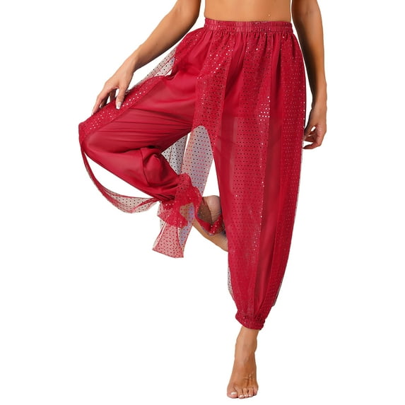 ZALDITA Women's Belly Dance Costume Lantern Pants Side Split Sequin Shiny Harem Pants Red One Size