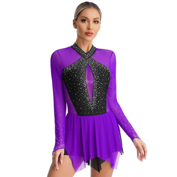 ZALDITA Women's Figure Ice Skating Dress Rhinestones Ballet Dance Roller Skating Lyrical Dancewear Purple M