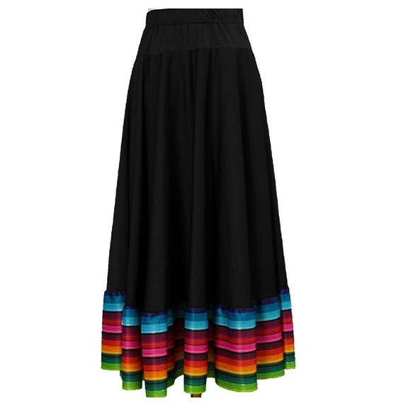 ZALDITA Women's Rainbow Stripe Hem Long Circle Folklorico Mexican Flamenco Belly Dance Skirt Black 75cm 4XL