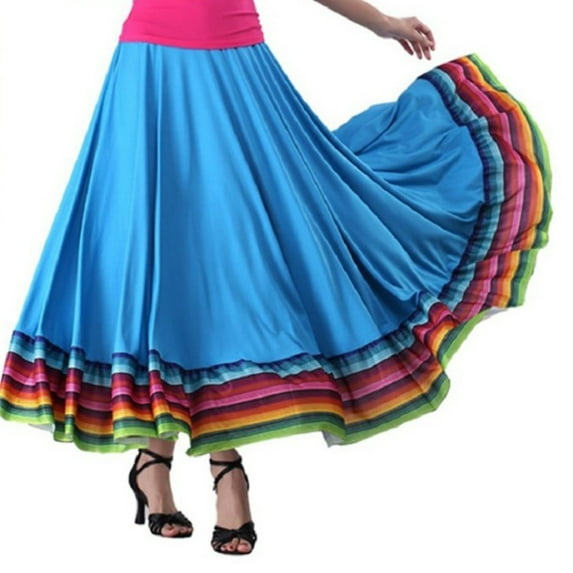 ZALDITA Women's Rainbow Stripe Hem Long Circle Folklorico Mexican Flamenco Belly Dance Skirt Sky Blue 87cm 3XL