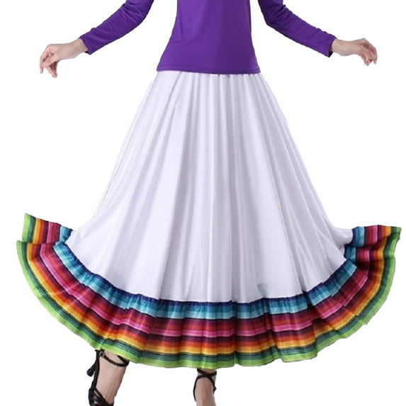 ZALDITA Women's Rainbow Stripe Hem Long Circle Folklorico Mexican Flamenco Belly Dance Skirt White 87cm XL