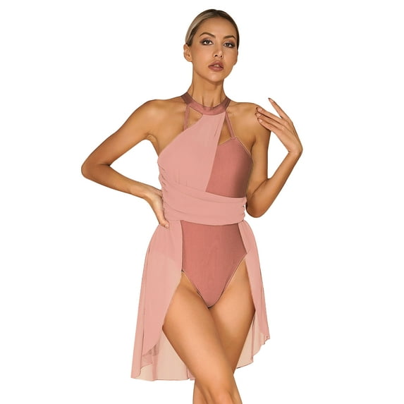 ZALDITA Womens Halter Cutout Back Lyrical Contemporary Modern Ballet Skirted Leotard Dance Dress Apricot L
