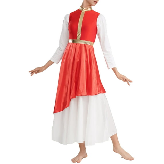 ZALDITA Womens Metallic Praise Dance Dress Overlays Tunics Asymmetrical Liturgical Lyrical Worship Costume Red XL