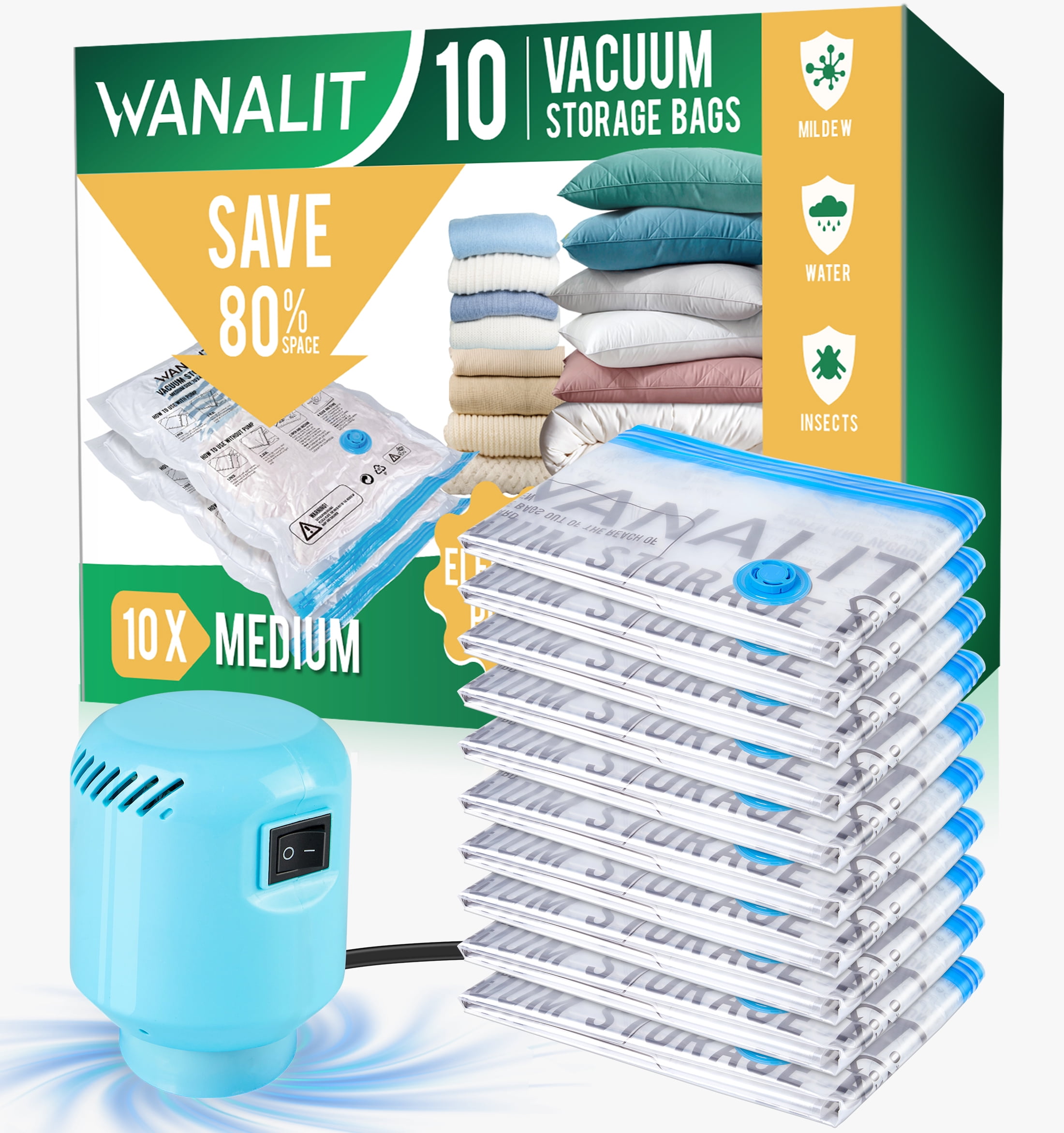 ZALFLEX 10 Pack Medium Vacuum Storage Bags, Vacuum Sealer Bags with Electric Pump for Comforters