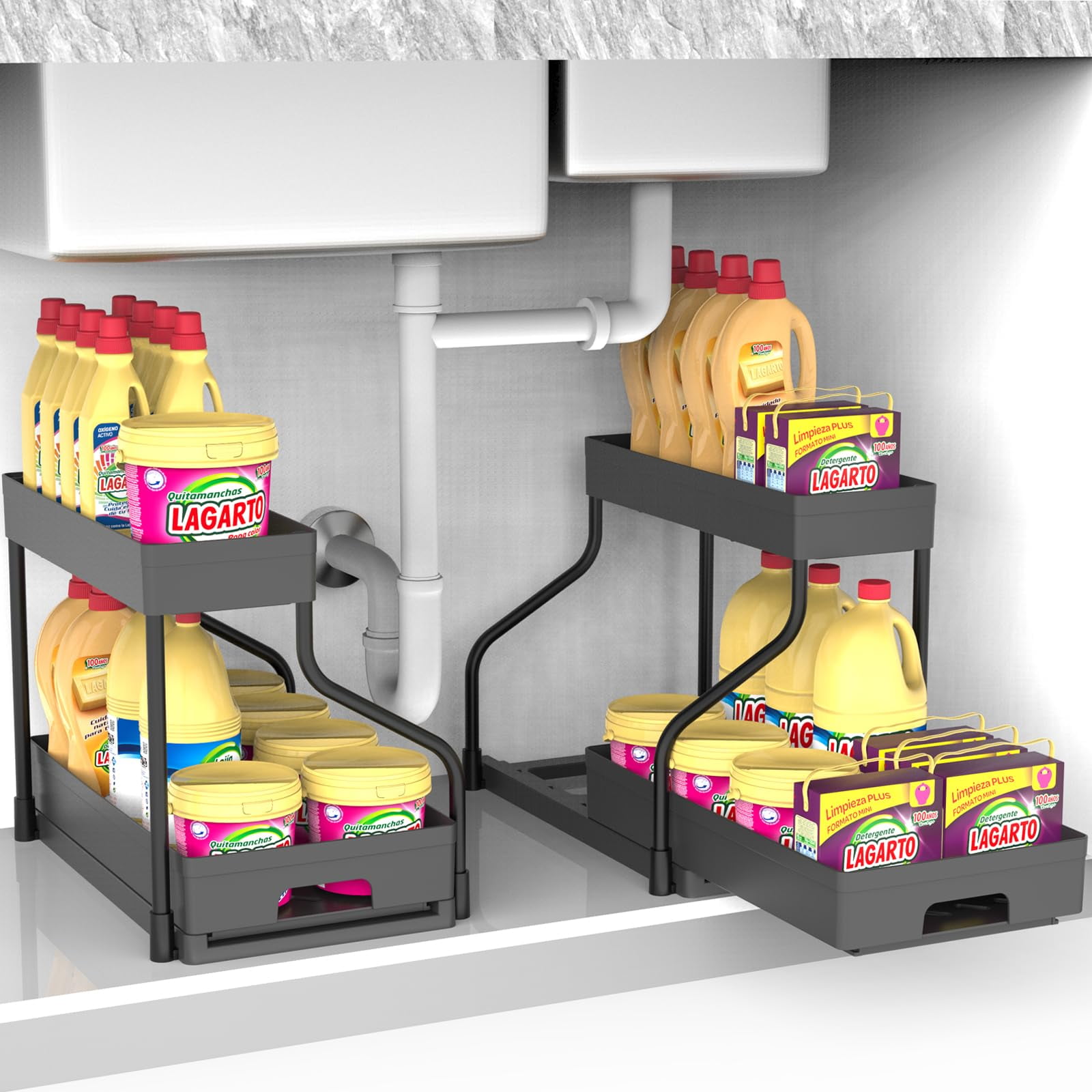 ZALFLEX Under Sink Organizers,2 Pack L-Shape Sliding Under Sink Organizers and Storage, 2-Tier  Under Counter Storage Organizer Pull Out Under Sink Storage for Kitchen Bathroom Black
