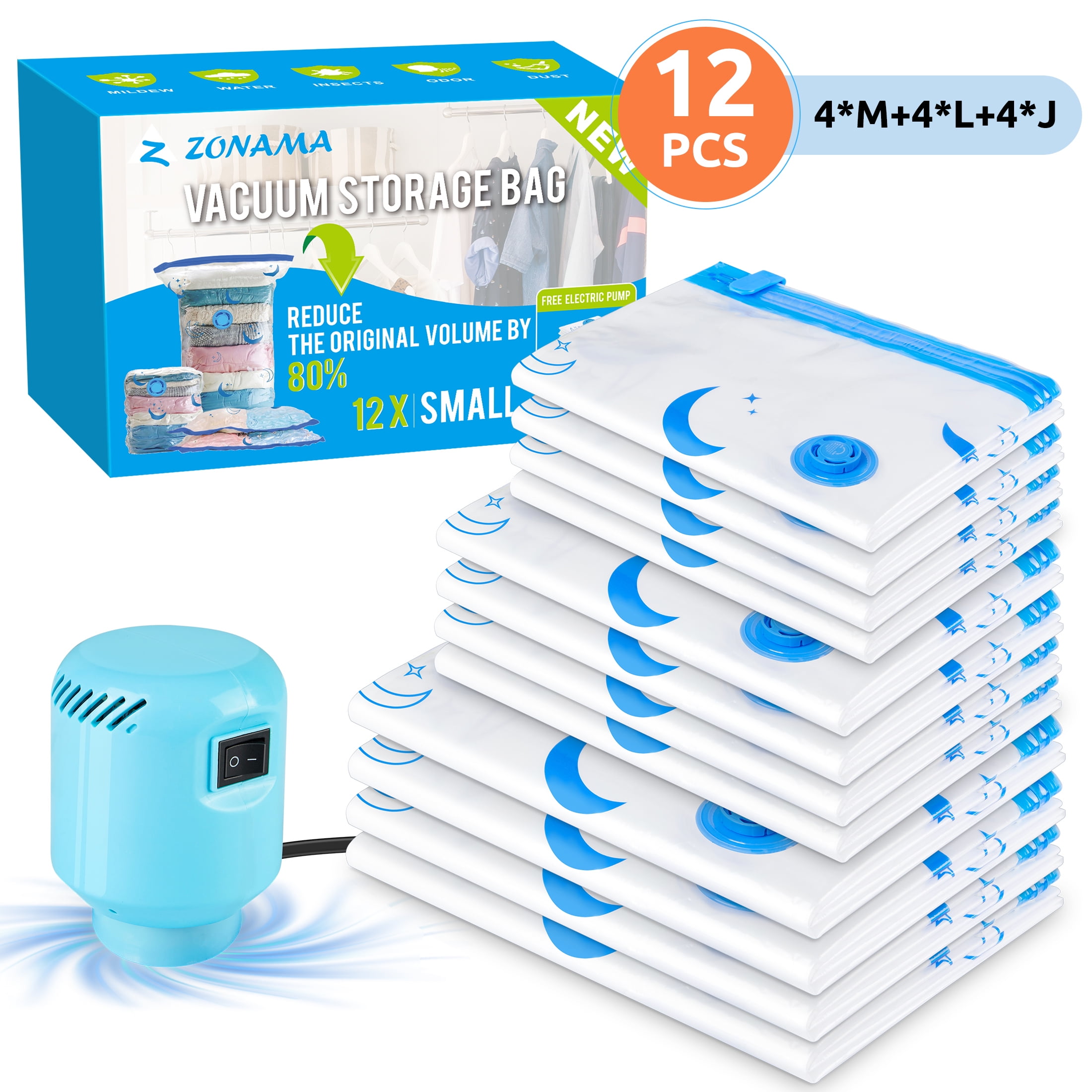 ZALFLEX Vacuum Storage Bags, 12 Pack Combo Space Saver Bag with