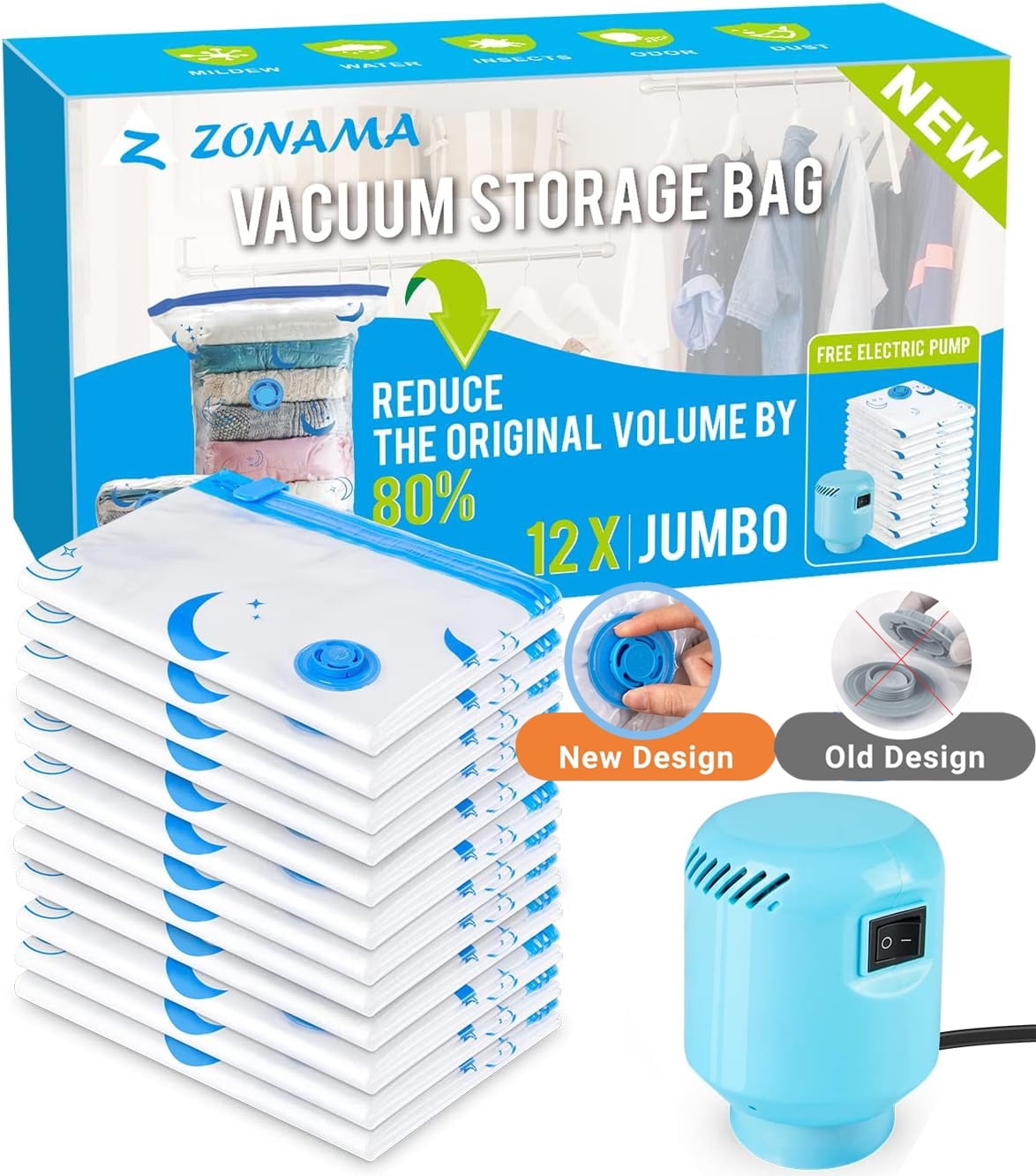 "ZALFLEX Jumbo Vacuum Bags, 12 Pack with Pump, Reusable Space Saver for