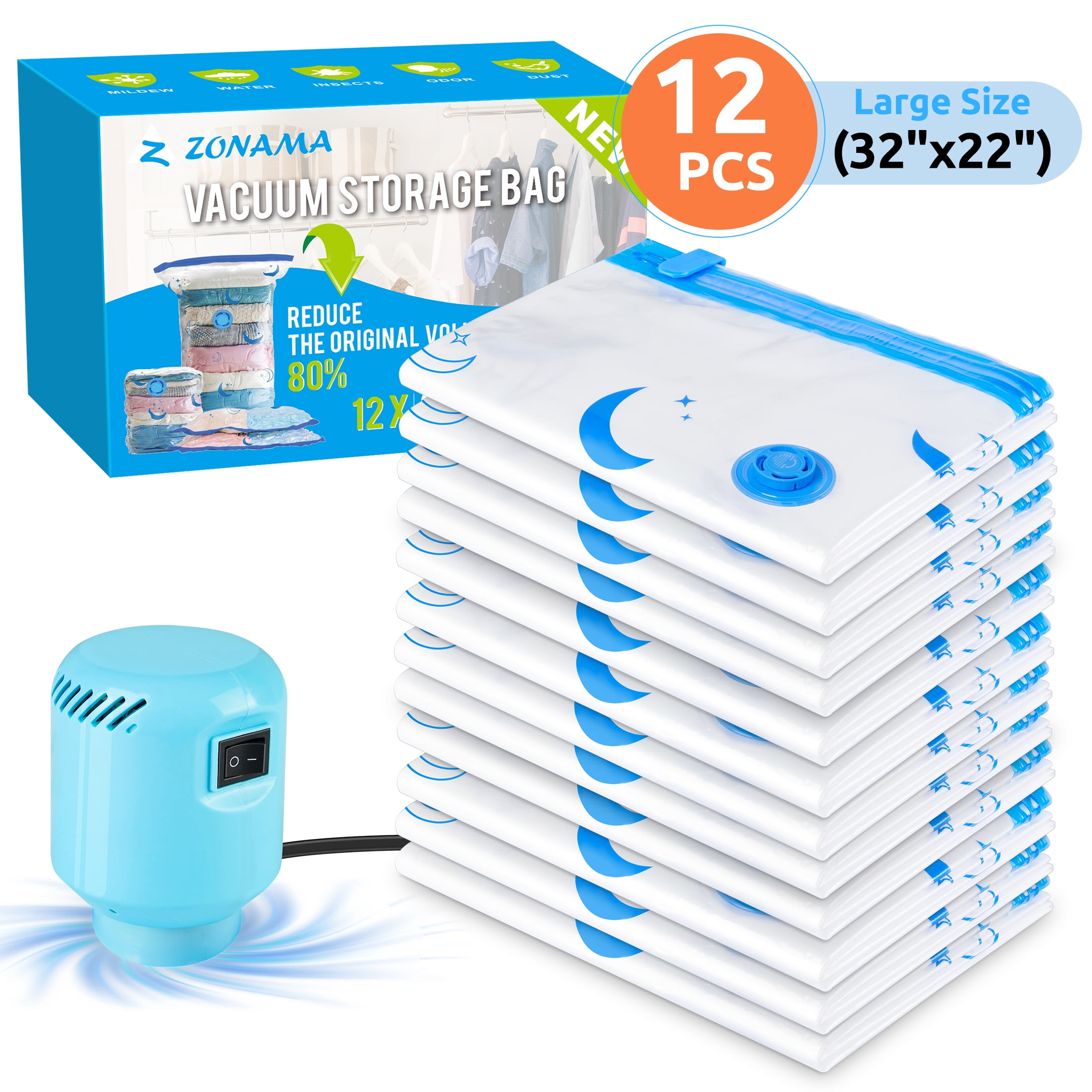 ZALFLEX Vacuum Storage Bags 12 Pack, Large Space Saver Bags with Electric Air Pump , Compression Vacuum Sealer Bags for Comforters Blankets Bedding Clothes Pillow Duvets Closet Organizers (32"x22" )
