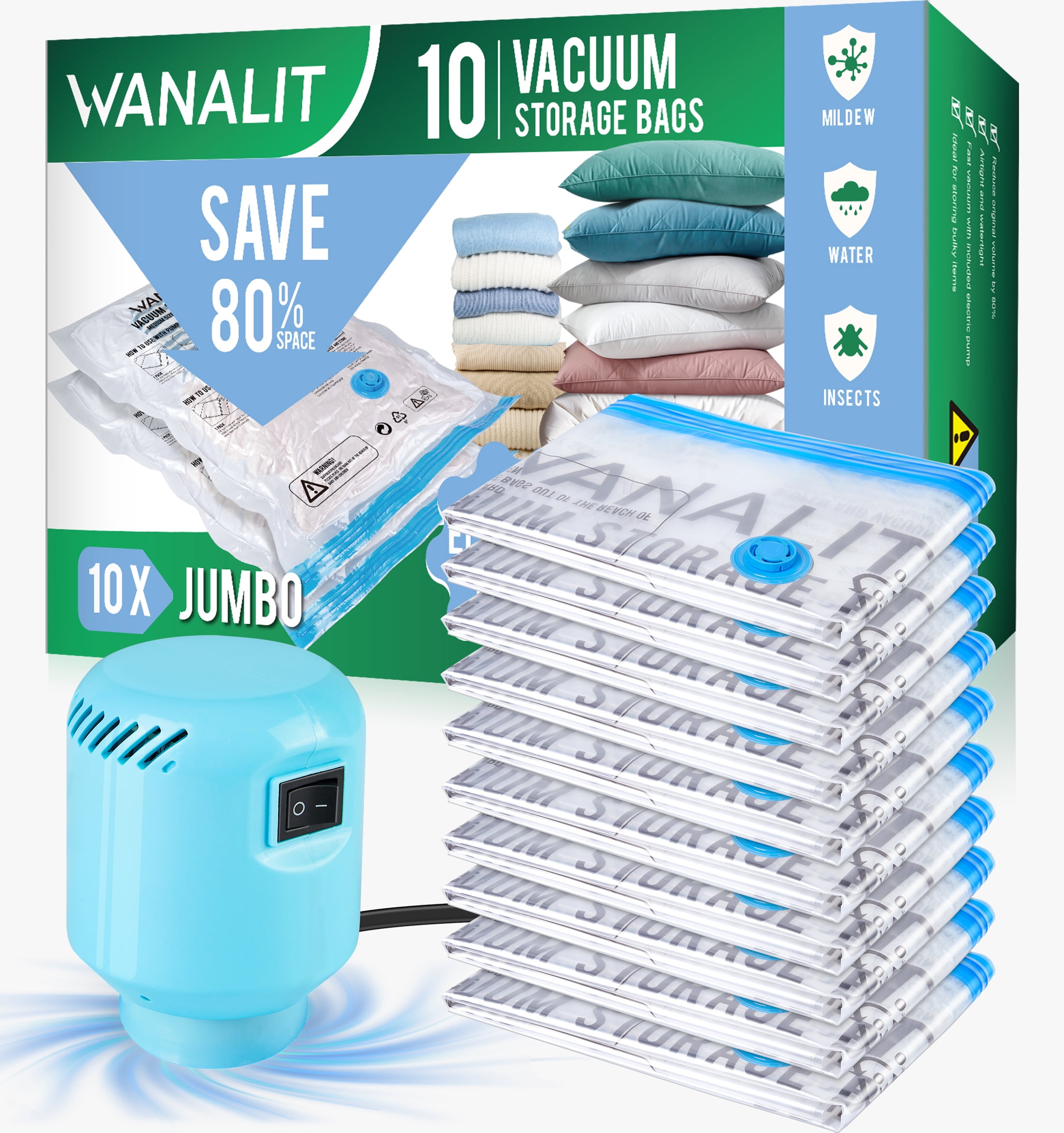 Zalflex 10 Pack Medium Vacuum Storage Bags Vacuum Sealer Bags with Electric Pump for Comforters Blankets Bedding Clothing Compression Seal Bags