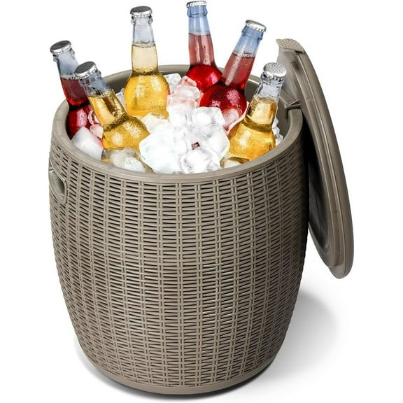 ZALIX 9.5 Gallon Cooler Side Table, Portable Ice Chest with Built-in Handle, Multifunctional Ice Cooler Outdoor Cocktail Side Table w/Lid & Drain for Camping, Picnic, Beach, Pool, Party